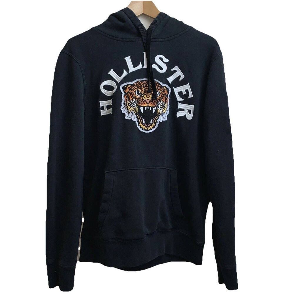 Hollister Hoodie Mens Small Black Tiger Graphic Logo Pullover Sweatshirt - Picture 3 of 7